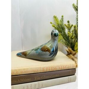 Vintage Tonala Mexican Pottery Bird Figurine Hand Painted Folk Art Grey Blue
